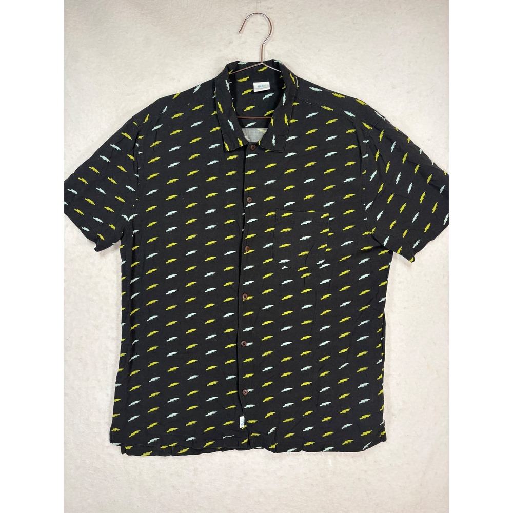 Eubi Mens Summer Shirt Medium Black Crocodile Alligator Print Viscose Button Up